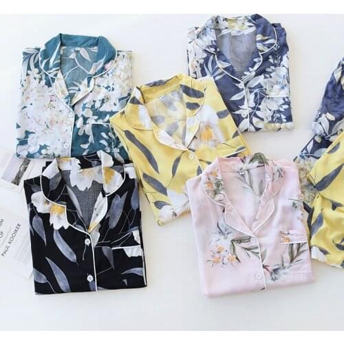 Cotton Long-sleeved Trousers Womens Pajamas Set Spring and Summer Thin, Cardigan Printed Lapel Large Size Mothers Home Service