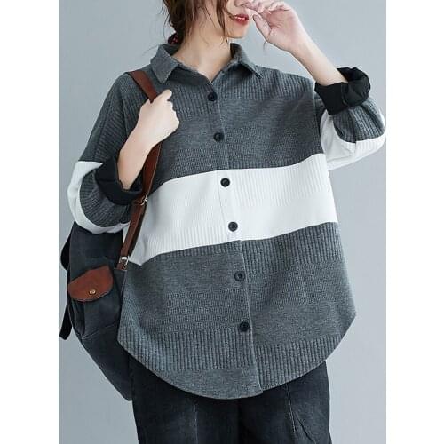 Women Sweater Cardigan Knit Fashionable Contrast Color Thin Long Sleeve Loose Turn Collar Korean Big Size Women Outerwear Coat