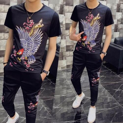 Set Two Piece Men Slim Fit Outfits Men Set Short Sleeve T Shirt High Quality Personality Printing Tracksuit Top And Pants Men