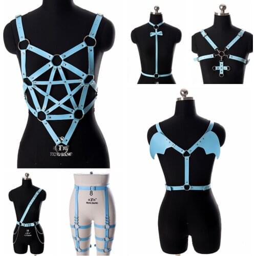 Leather Lingerie Harness Top Belt Sky Blue Bralette Punk Rivet Body Bondage Pentagram Suspender Garter Adjustable Festival Rave