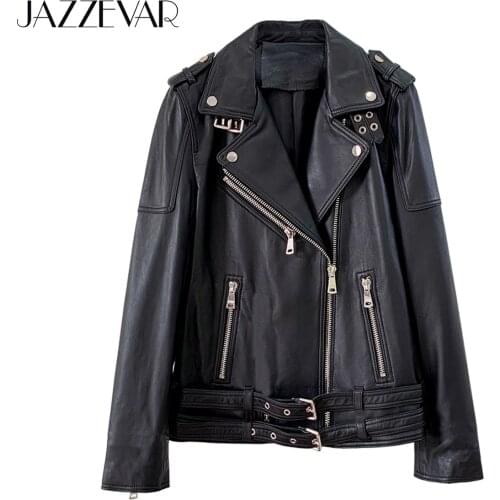 JAZZEVAR 2021 New High Fashion Street Women Real Sheep Skin Leather Jacket Slim fit Genuine Leather Motorcycle Jackets with belt