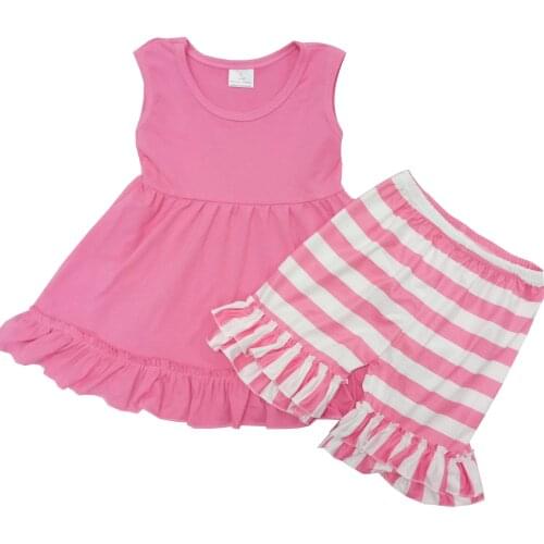 Summer Girls Sleeveless Pink Cotton Tunic Stripe Shorts with Ruflles Baby Kids Boutique Set