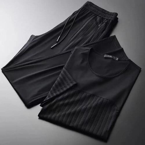 Summer high quality light silky fabric fashion splicing casual sports short-sleeved suit mens slim round neck T-shirt