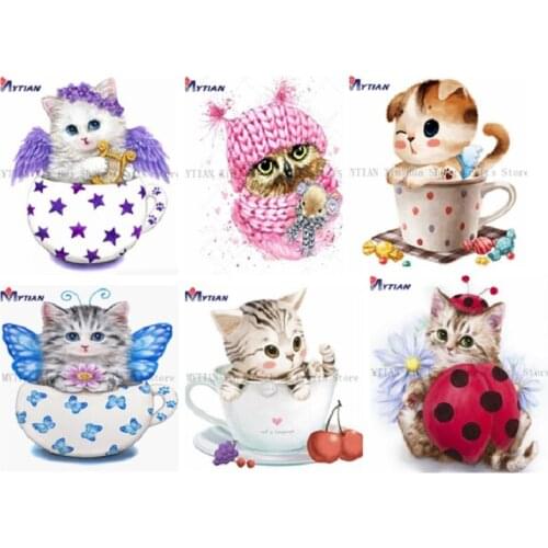 MYTIAN Full Square Round Diamond Painting Cartoon Animal Diamond Embroidery Cat Owl Dog in Cup Cross Stitch Mosaic Pattern Decor