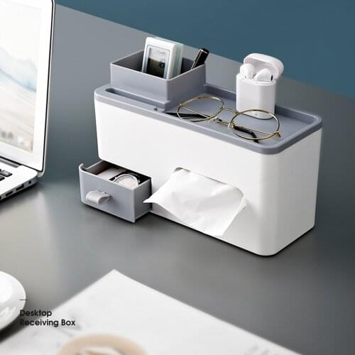 Desktop Organizer with Drawer Makeup Storage Box Collection Paper Towel Dispenser Desktop Shelf Organizer Garbage Bags Dispenser