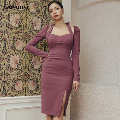 Plain Elegant Party Dress 2021 Autumn Simple Sexy Halter Backless Long Sleeve Fashion hem Side Slit High Waist Tight Dress Women