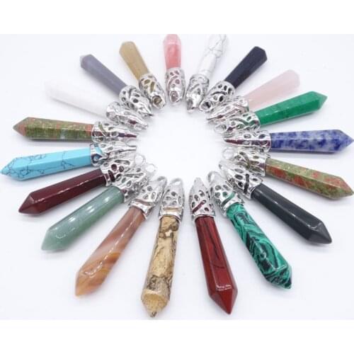 Wholesale 12PCS Assorted Natural Gems Stone Point Crystal Pillar Silver Plated Pendant For Jewelry Necklace Making Free Shipping