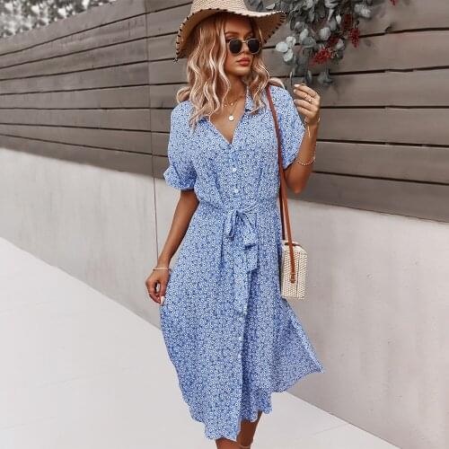 2021 Spring Floral Print Dress Women Casual V-neck Short Sleeve Button Dress For Woman Summer Boho Holiday Style Dress Vestidos