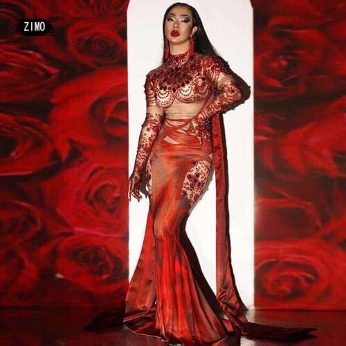 Luxury Red Rhinestone Sexy Tight Dress Women Mermaid Long Dress Singer Stage Performance Dance Costume Party Party Club Bar Waer