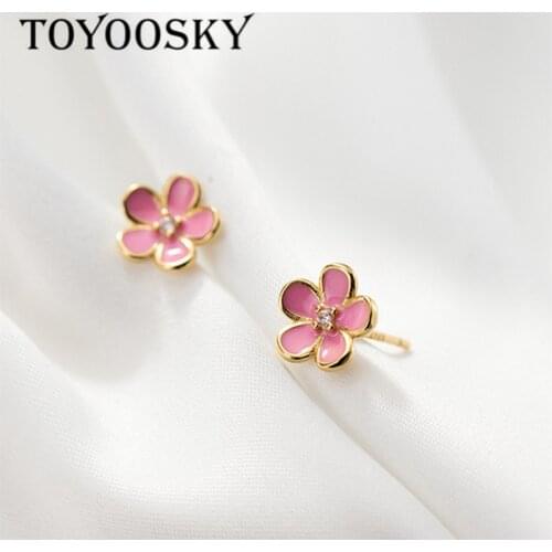 TOYOOSKY 100% 925 Sterling Silver Earrings for Women Enamel Pink Daisy Cherry Blossom Flower Stud Earring Fine Jewelry