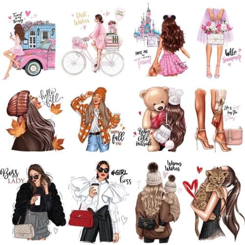 Beautiful Girl Patches Iron-On Transfer For Clothing DIY Heat Transfer Women T-Shirt Hooides Thermal Stickers Fashion Lady Decor