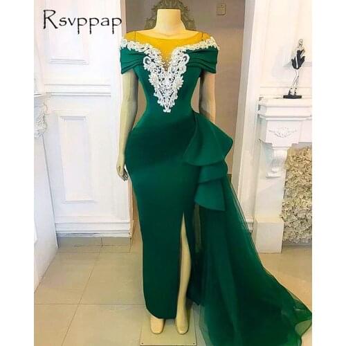 Gorgeous Emerald Green Long Evening Dresses 2021 Mesh Cap Sleeve Mermaid High Slit African Women Formal Party Evening Gowns