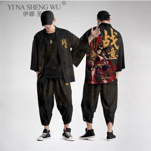 Japanese Style Vintage Kimono Haori Pants Set Men Traditional Harajuku Streetwear Samurai Cardigan Haori Obi Loose Asian Clothes