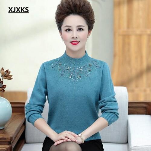 XJXKS 2021 autumn winter new women turtleneck sweater fashion diamond exquisite embroidery women wool knitted sweater
