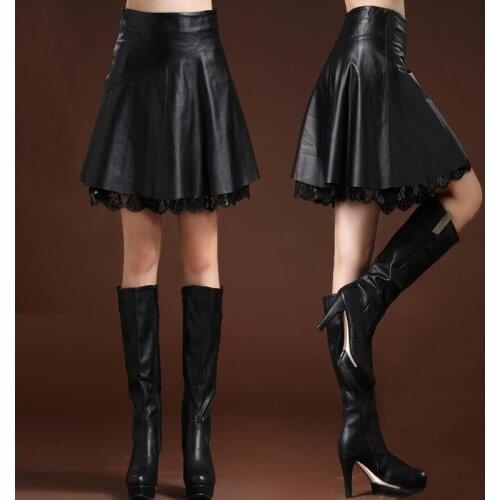 2020 Office lady black lace PU leather skirts high waist leather sexy bodycon skirts Mini streetwear skinny short pencil skirt