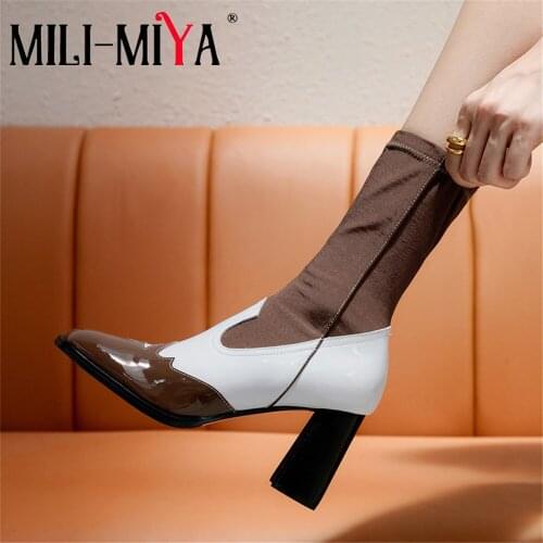 MILI-MIYA Fashion Design Mixed Color Women Cow Leather Ankle Boots Slip-On Square Toe Stretch Flock Square Heels Size 34-40