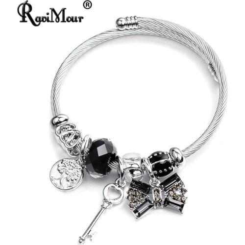 RAVIMOUR Women Bracelets Bangles Jewelry Fashion Stainless Steel Cuff Bangle Big Bowknot Crystal Ball Key Tree Charms Pulseira
