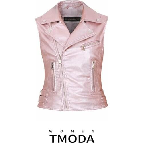 TMODA950 Za 2021 Women PU Faux Leather Sleeveless Pink Jackets Ladies Turn-down Collar Zipper Vest Pockets Waistcoat Streetwear