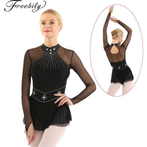 Long Sleeve Mesh Splice Rhinestone Gymnastics Leotard Women Ballet Figure Ice Skating Dress for Performance Competition Costumes