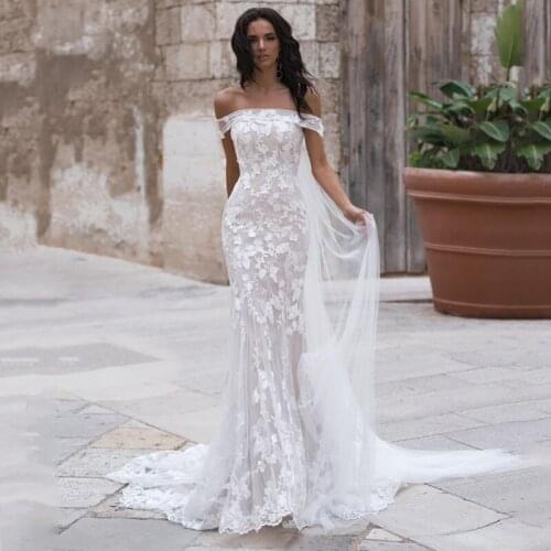 Eightree Simple White Mermaid Wedding Dress Applique Off Shoulder Lace up Back Long Bridal Gowns Tulle Sexy Bride Formal Evening