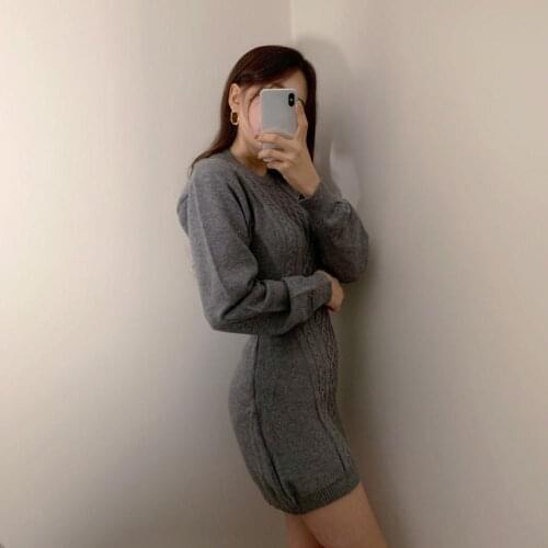 Women Autumn Winter Temperament Twist Knitted Dress Fashion Hollow Out Waist Sweater Dress Casual Slim Long Sleeve