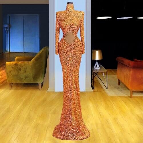 Champagne High Neck Long Sleeve Evening Dress 2021 Crystals Beaded Mermaid Vestido De Novia Sexy Glitter Celebrity Dresses