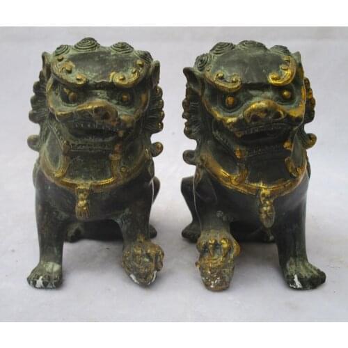 1 Pair of Chinese old bronze carved fu foo dog Sculpture /Antique dog statue