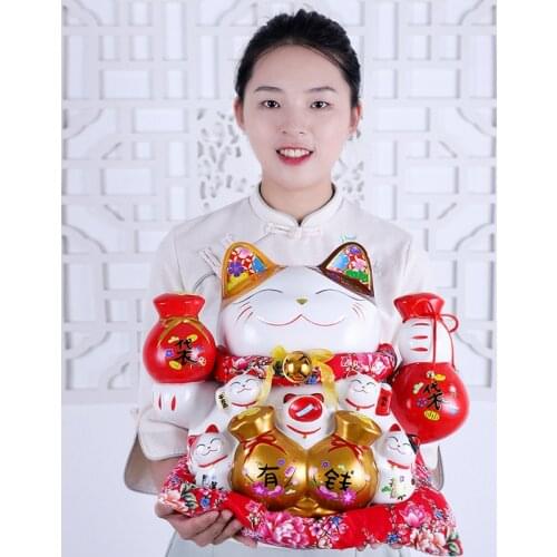 15Inch Ceramic Lucky Cat Japanese Maneki Neko Home Decoration Ornament Fortune Cat Money Box Piggy Bank Figurine Feng Shui Decor