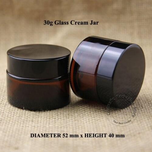 20pcs/lot 30g Glass Amber Facial Cream Jar Empty Women 1OZ Cosmetic Sample 30ml Container Emulsion Refillable Pot Black Lid