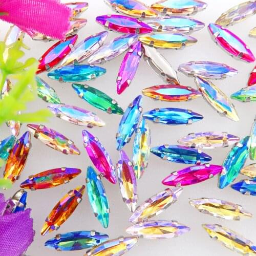 AB colors 4x15mm silver claw settings slim Navette Marquis horse eye shape glass Crystal Sew on rhinestone applique diy trim