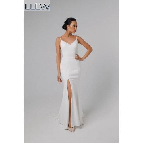 Ivory Satin Lace Spaghetti Straps V-Neck Floor-Length Mermaid/Trumpet Wedding Dresses Court Train Custom Made Split Skirt