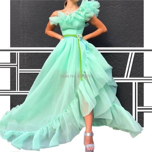 2019 Ball Gown One-Shoulder Sleeveless Teal Organza Beaded Sash Flowers Pleats Ruching Evening Dress Full-Length Formal Dress