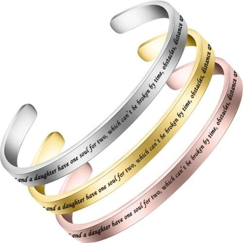Fashion Engraved Lette Stainless Steel Cuff Bangle Simple A mother and a daughter have one soul for two Mantra Word Bracelet
