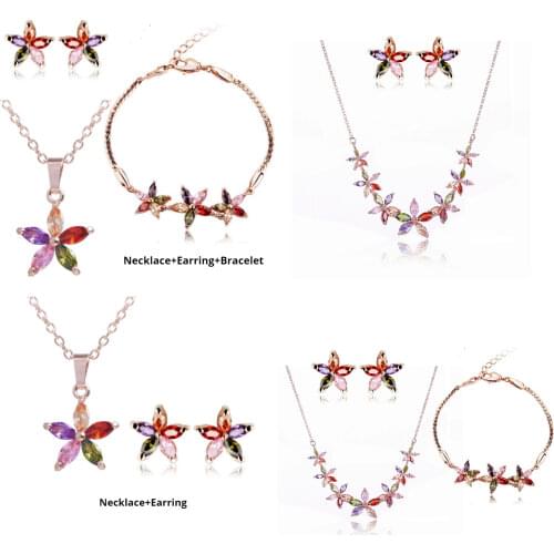 GMGYQ Fashion Summer Flowers Colored Zircon Necklace Studs Two Pieces Of Gifts Classmates Graduation Gifts