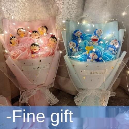 Chibi Maruko-chan Doraemon Toy Creative Flower Bouquet Home Decoration Valentines Day Christmas Graduation Gift with LED Light