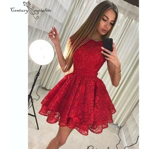 Lace Red Homecoming Dresses Short Graduation Dresses 2020 Cap Sleeves Zipper Back A-Line Mini Cocktail Dress Prom Gowns Cheap