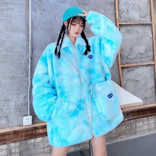 Koreaning New Harajuku Women Jacket Oversize Style Tooling Thicken Vintage Blue Tie Dye Pocket Zipper Lambswool Warm Coat A077
