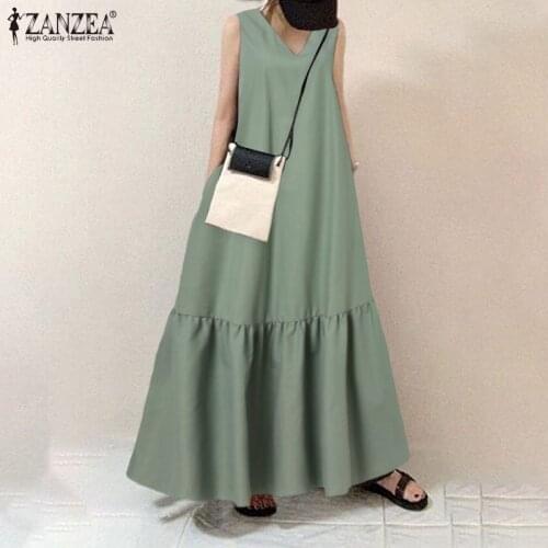 2021 Summer Women Sundresses ZANZEA Casual V Neck Sleeveless Maxi Long Dress Bohemian Ruffles Tanks Dresses Loose Party Vestidos