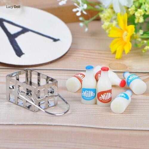 Metal 1/12 DIY House Furniture Miniature Milk Basket With 7pcs Bottles Set Dolls House Kitchen Porch Accessories Decor