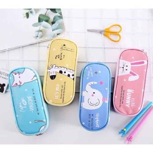Kawaii School Pencil Case for Girls Boy Korean PU Small Penal Cartoon Big Pencilcase Cat Color Pencil Box Clear Pouch Stationary