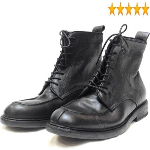 Mens Quality Washed Vintage Genuine Leather Boots Casual Round Toe Lace Up Cowhide High Top Low Heels Male Shoes Streetwear
