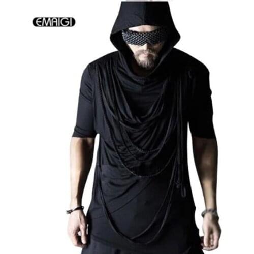 New Men Hooded T Shirts Punk Rock Stage Show Clothing Male Casual Half Sleeve Rope Tees Shirts Black Slim Tshirt