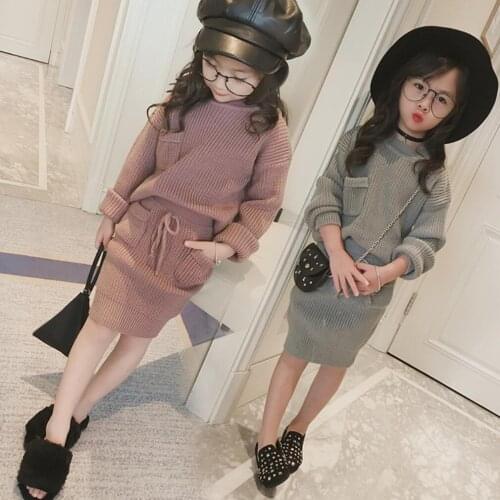 New Autumn Winter Girls' Baby Knitted Sweater Top + Skirt 2-piece Set Fashion Girl Woollen Clothes Warm Suit 2 3 4 5 6 Years