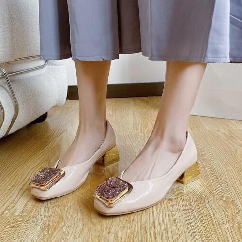 Low-heeled Pumps Women Patent Leather Shoes Candy Colors Casual Shoes Female Sweet Metal Buckle Boat Shoes Women 2021 NVXUE55