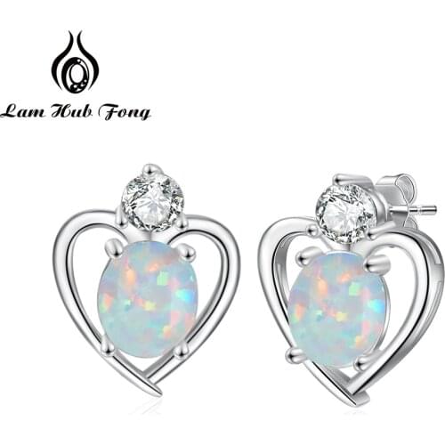 Original 925 Sterling Silver Heart Stud Earrings for Women Cute Oval Opal Stone Earrings with Zircon Fine Jewelry Wedding Gifts