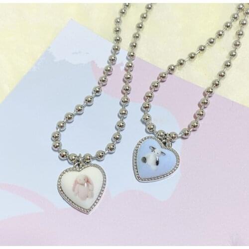 New Korean Fashion Cute Peach Heart Shape Cow Rabbit Pendant Necklaces for Women Girlfriend Gift Jewelry Lovely Beads Chains Y2K