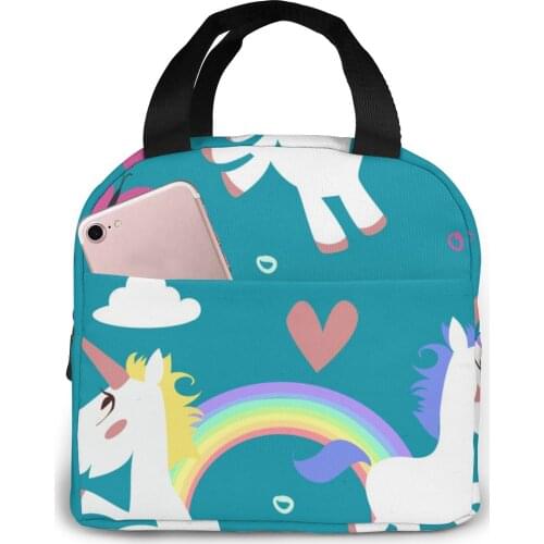 Ponis Unicorn Pattern Cooler Bag Portable Zipper Thermal Lunch Bag Convenient Lunch Box Tote Food Bag
