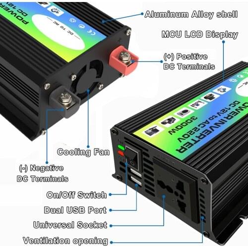 3000W 12V to 220V/110V Car Power Inverter Converter Charger Adapter Dual USB Voltage Transformer Modified Sine Wave