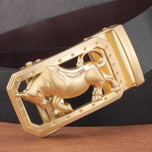 High Quality bull Automatic Buckle luxury brand balck belts 3.5 wide Cowskin designer genuine leather Waist Strap Golden