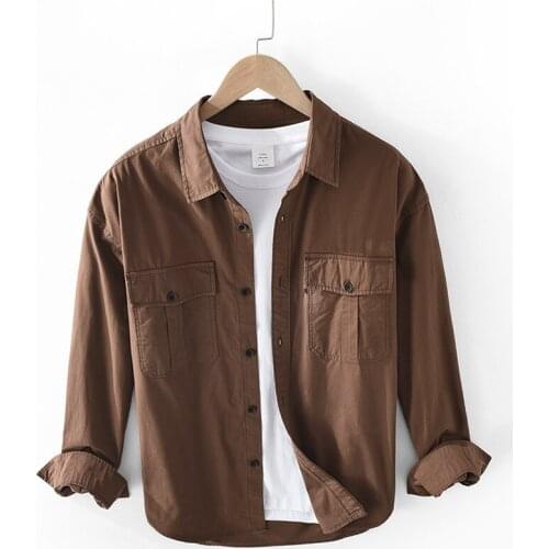 1991 Cargo Shirts For Men Youth Square Collar Pocket Loose Japan Style Trendy Simple Chic Lapel Long Sleeve Cotton Blouse Tops